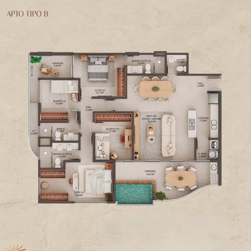 Planta 4 Quartos Tipo H — Manami Ocean Living