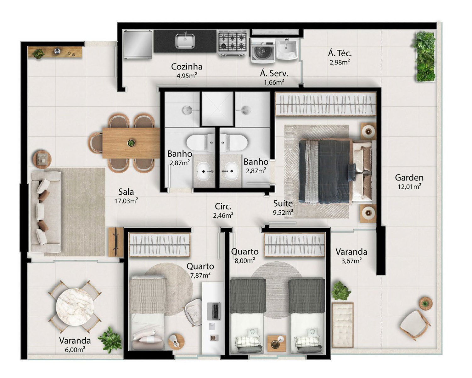 Planta 2 Quartos Com Suite Garden — Brisas de Itapuã