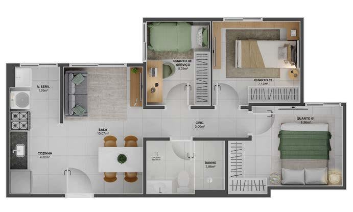 Planta 2 Quartos — Colina das Amoras Residencial Clube