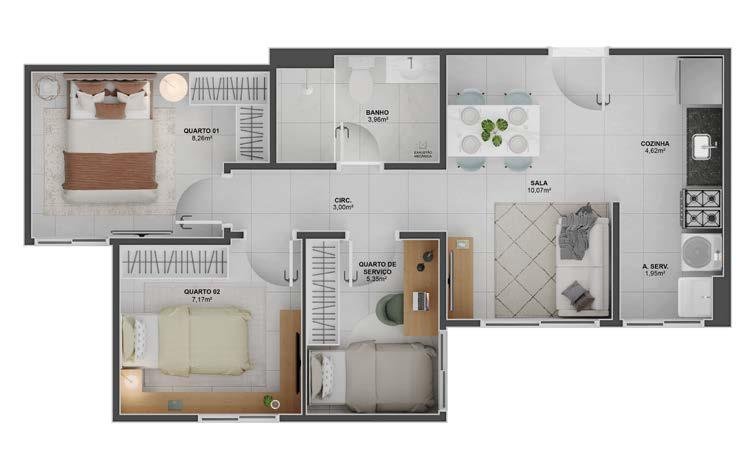 Planta 2 Quartos Com Suite — Colina das Amoras Residencial Clube