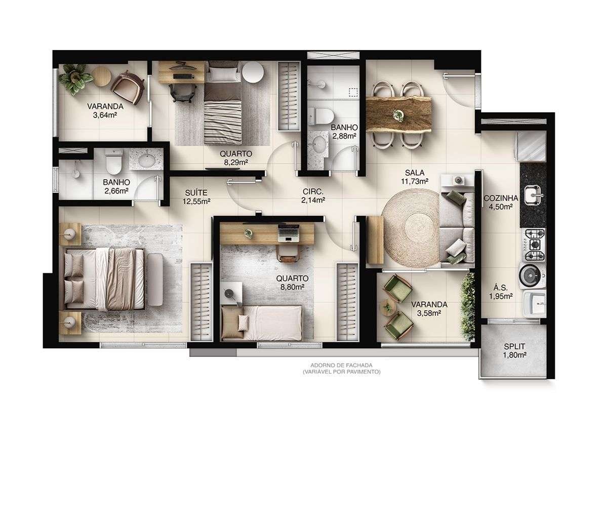 Planta 3 Quartos Com Suite — Faena Residence