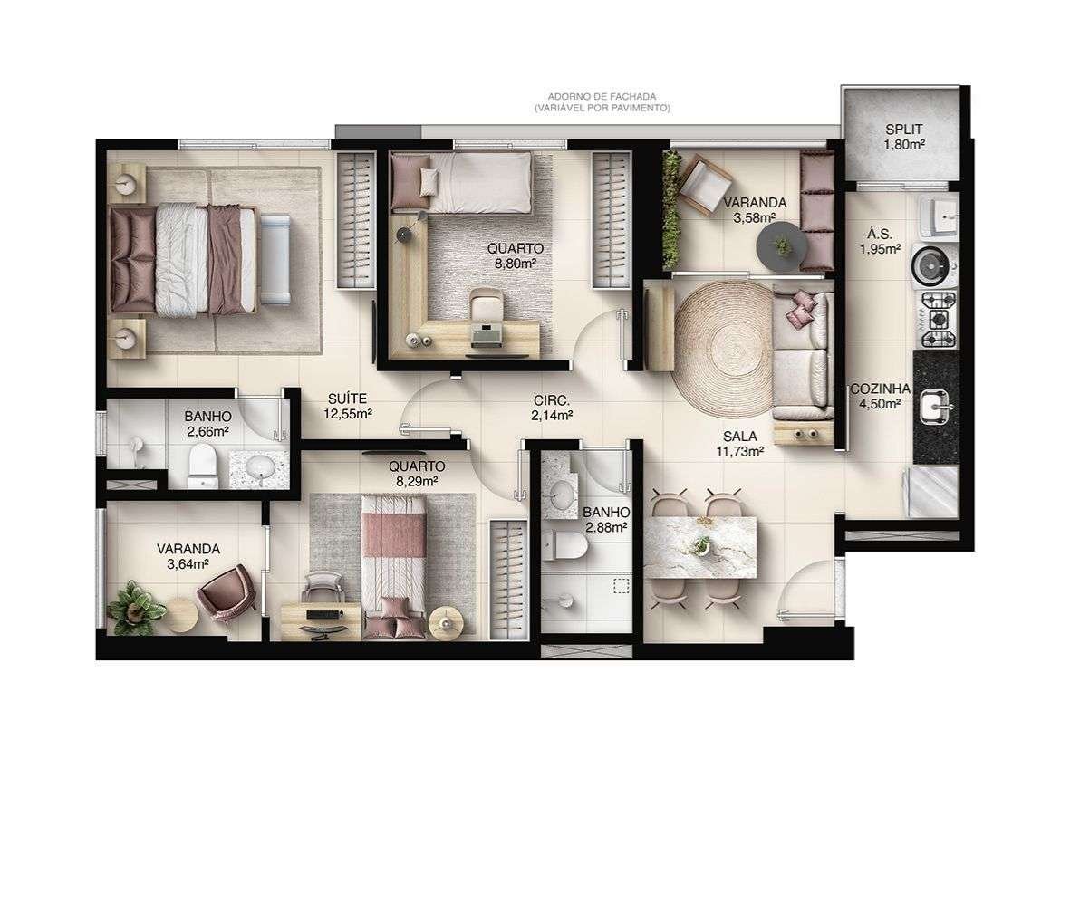 Planta Garden 3 Quartos — Faena Residence