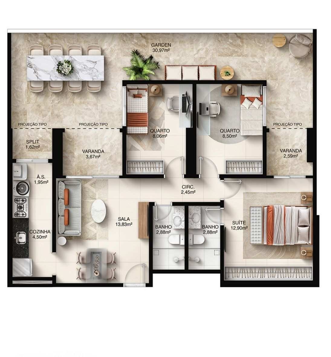 Planta Garden 3 Quartos — Faena Residence