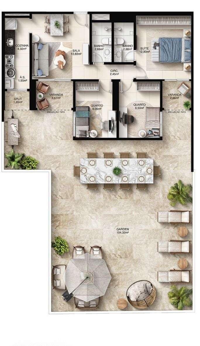 Planta Garden 3 Quartos — Faena Residence