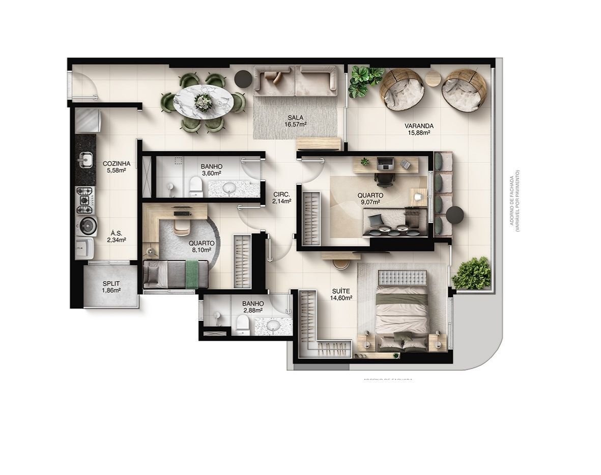 Planta Garden 3 Quartos — Faena Residence