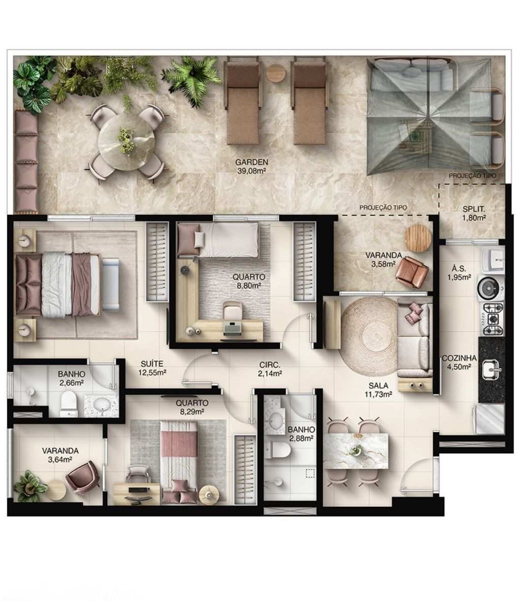 Planta Garden 3 Quartos — Faena Residence