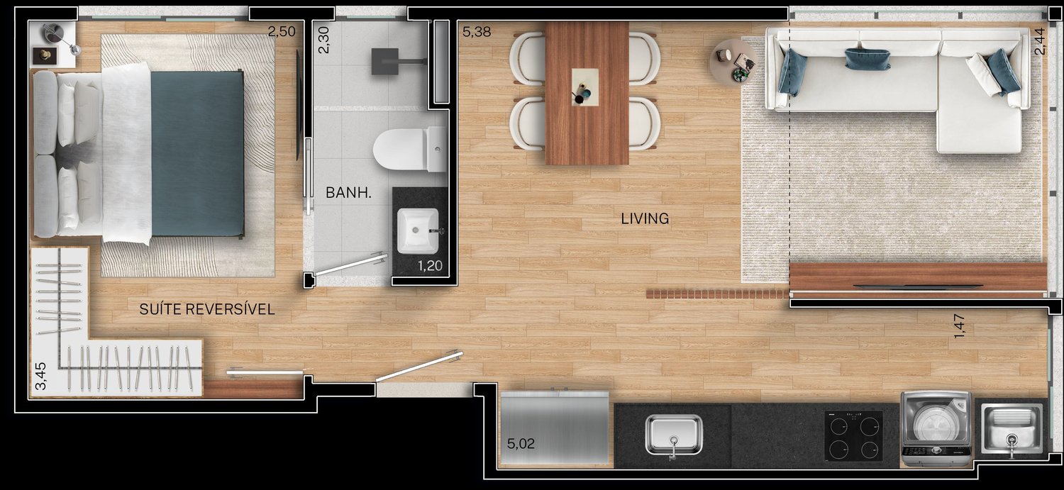 Planta Suíte + Living — Fit@370
