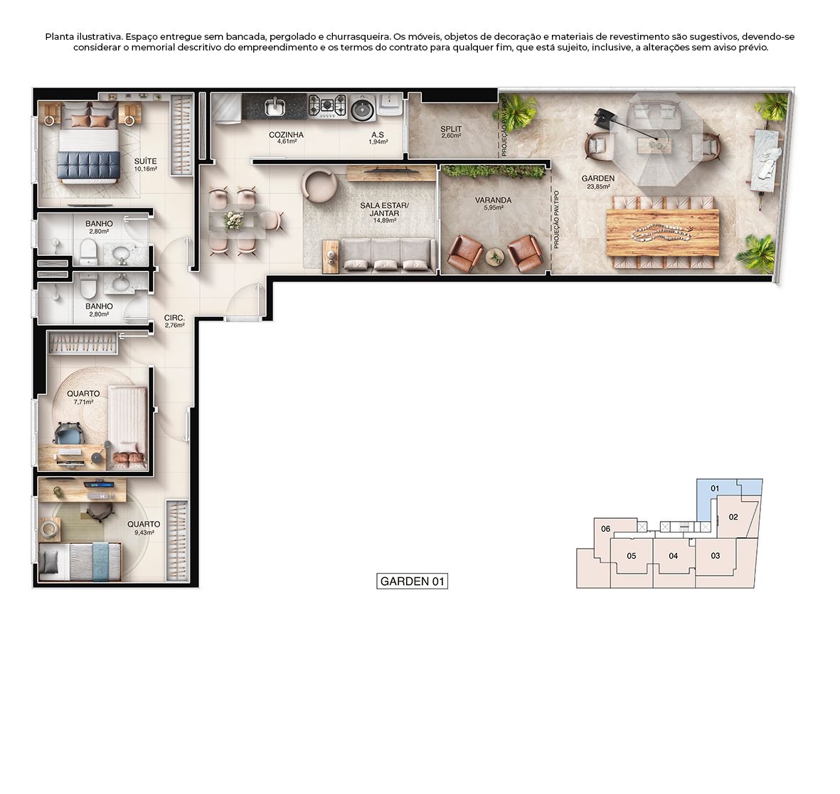 Planta 3 Quartos Garden — Kalea Residence