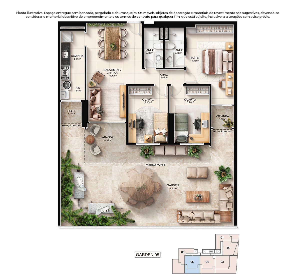 Planta 3 Quartos Garden — Kalea Residence