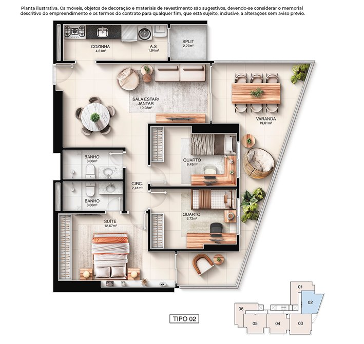 Planta 3 Quartos — Kalea Residence