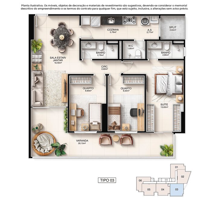 Planta 3 Quartos — Kalea Residence