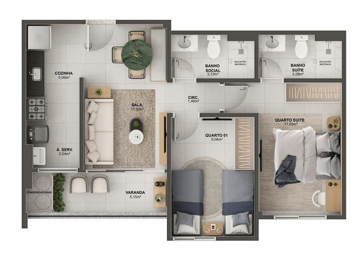 Planta 2 Quartos — Morada Vitória Residencial Clube