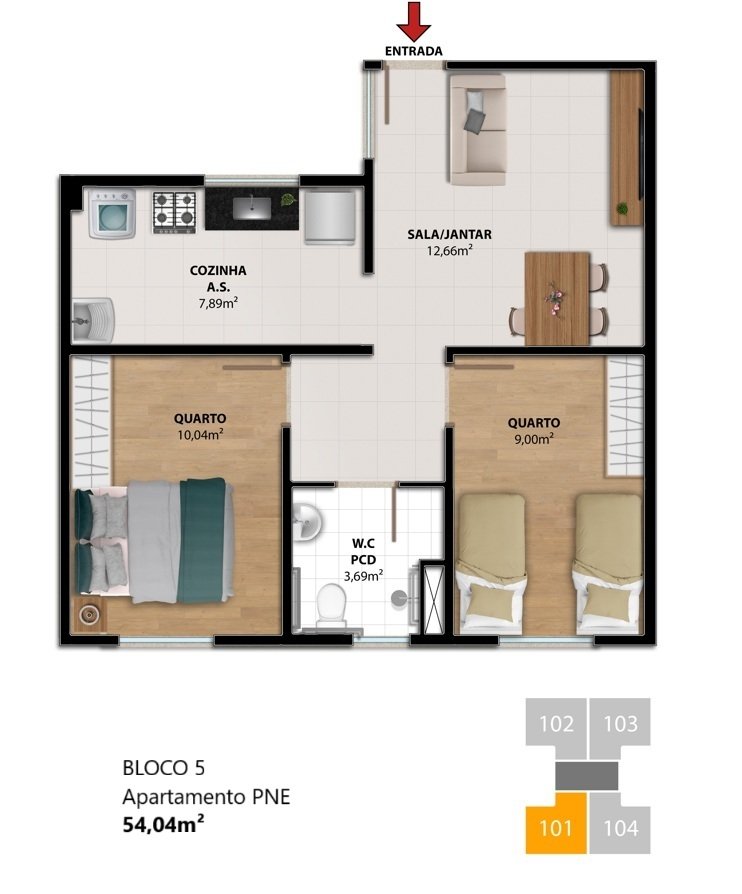 Planta 2 Quartos (Bloco 5) — Porto dos Colibris