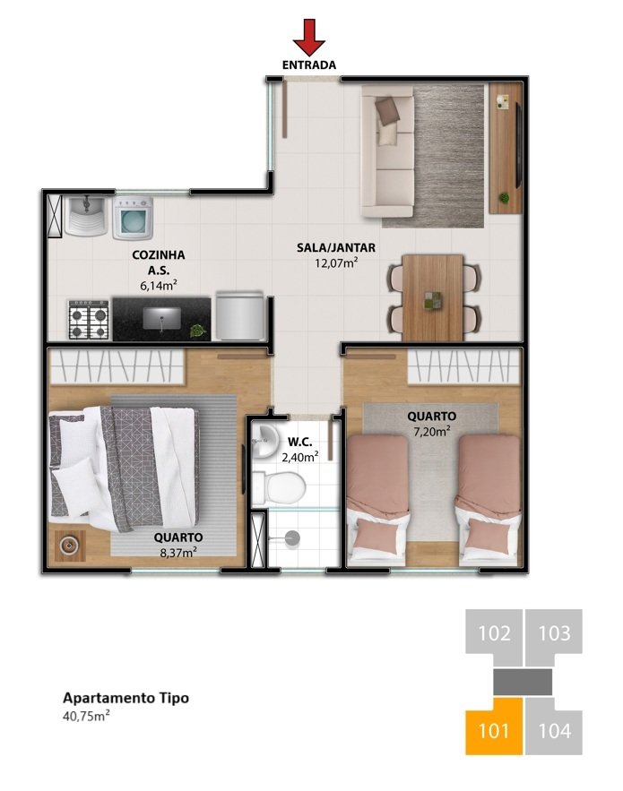 Planta 2 Quartos — Porto dos Colibris