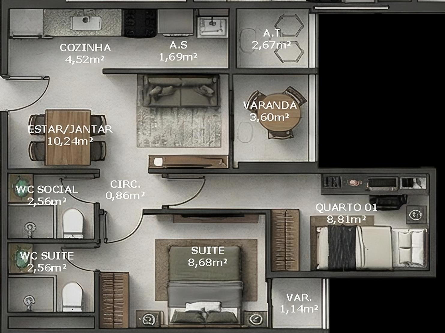 Planta 2 Quartos Com Suite (Colunas 2,7) — Residencial Monte Tivoli