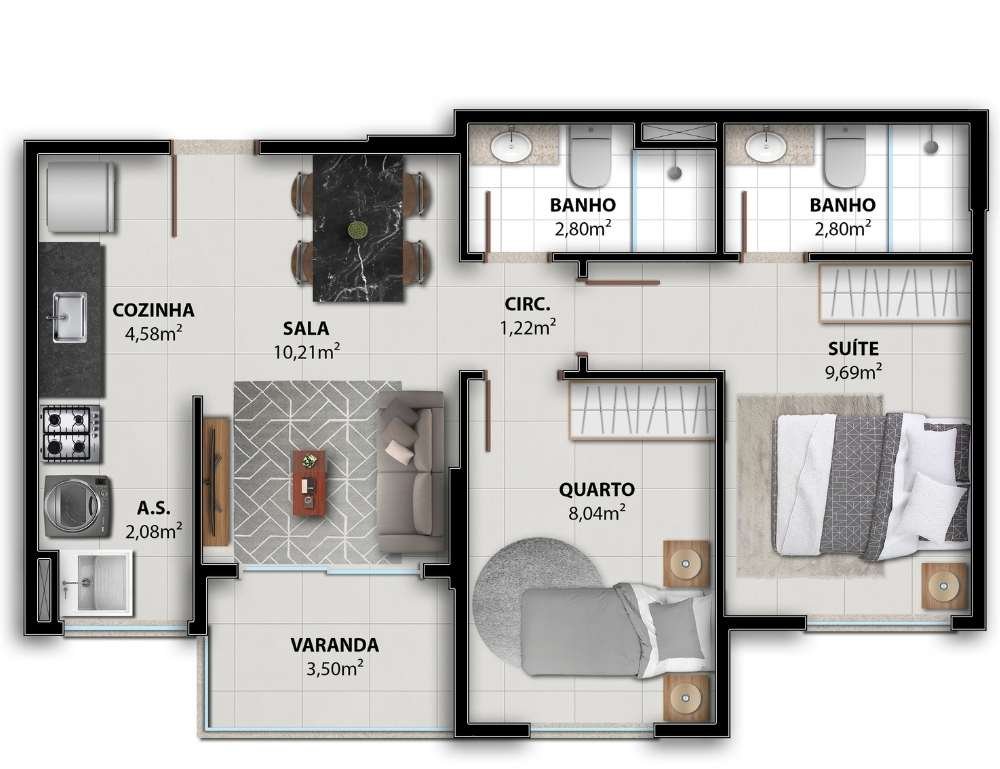 Planta 2 Quartos Com Suite — Vivenda Coqueiral
