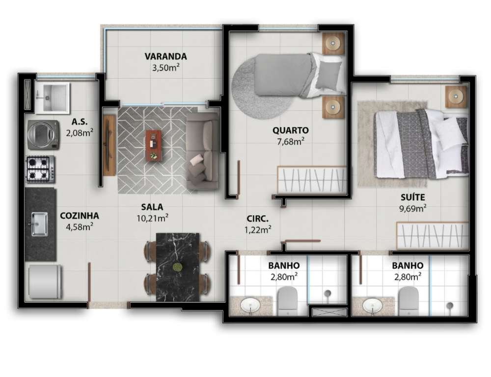 Planta 2 Quartos — Vivenda Coqueiral