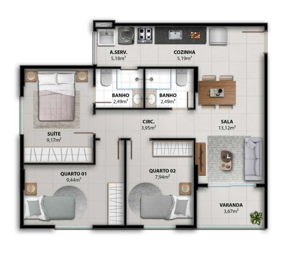 Planta 3 Quartos — Vivenda Coqueiral