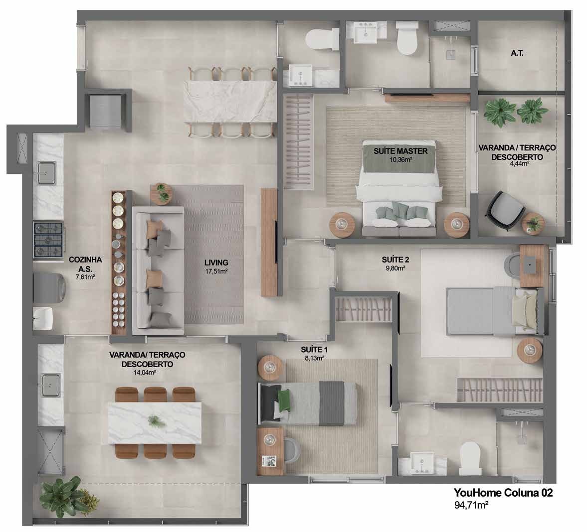 Planta Col. 02 · 3 Suítes — Youniverse