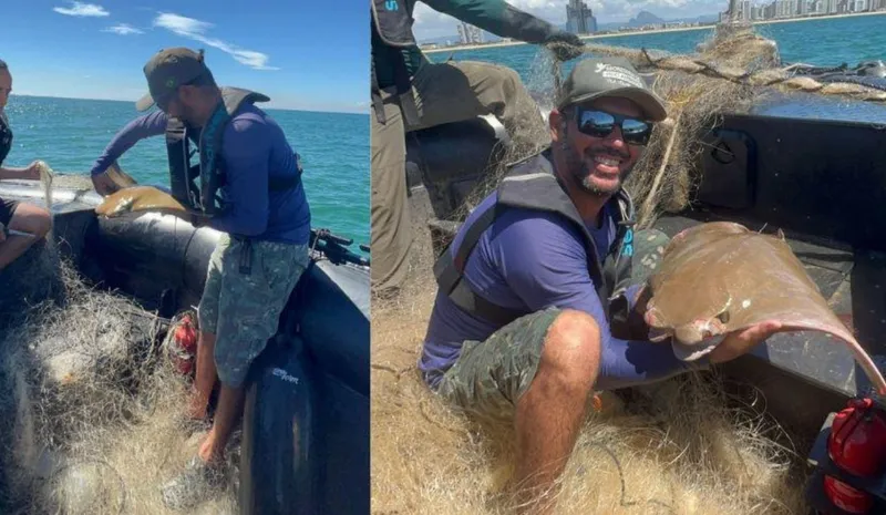 Fiscalização ambiental resgata 11 arraias e retira redes irregulares do mar de Vila Velha